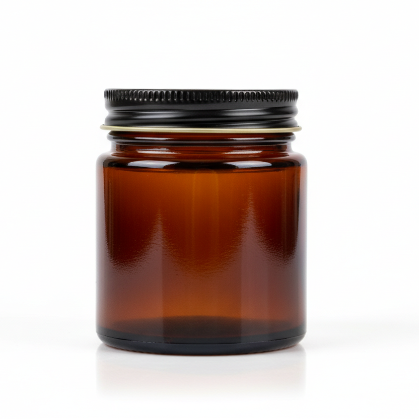 8oz Amber glass Apothecary jar with black threaded lid with pure white background