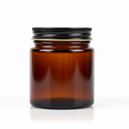8oz Amber glass Apothecary jar with black threaded lid with pure white background